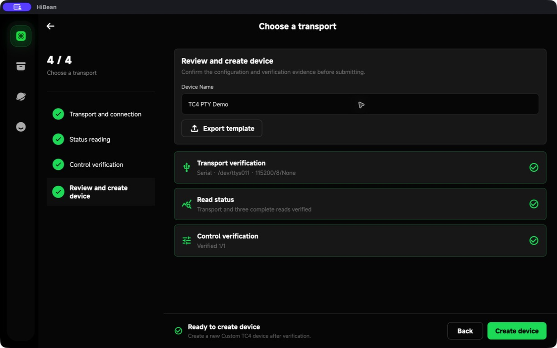 Review and create the Custom TC4 device