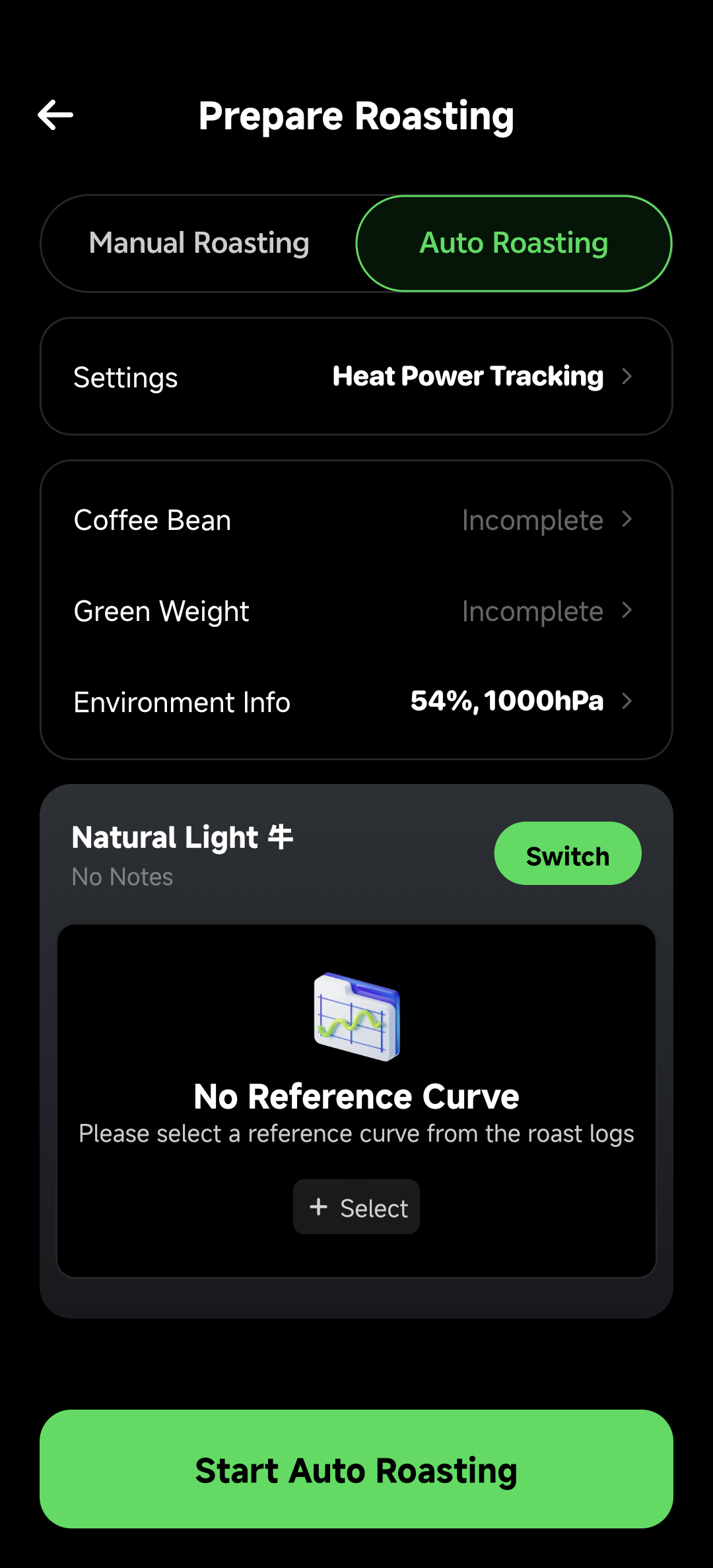 Prepare Roasting Page in Auto Mode