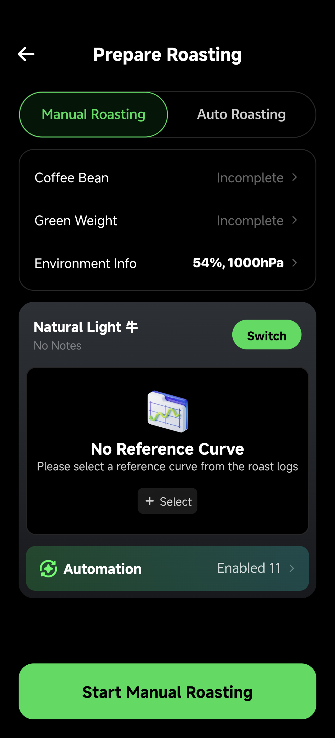 Prepare Roasting Page in Manual Mode